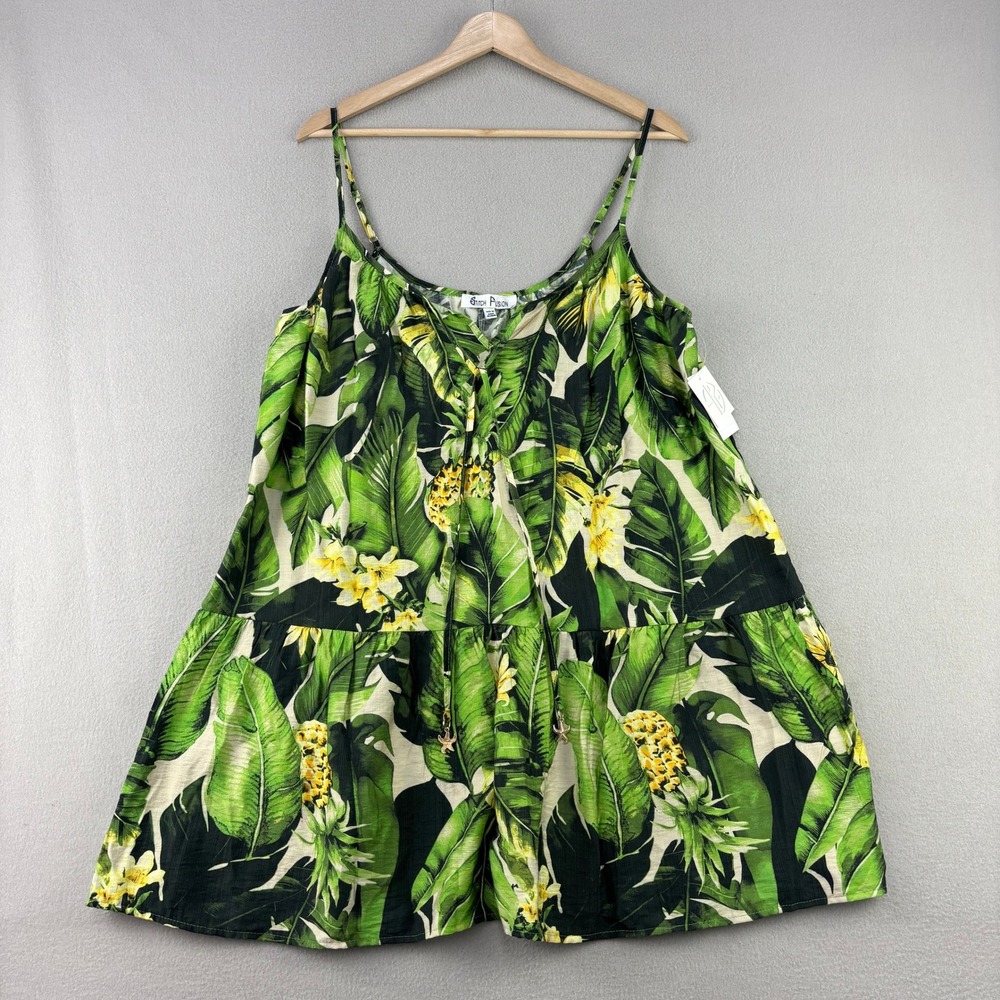 Stitch Fusion Babydoll Top Womens XL Green Floral Y2K Aloha Hawaiian Tank NWT